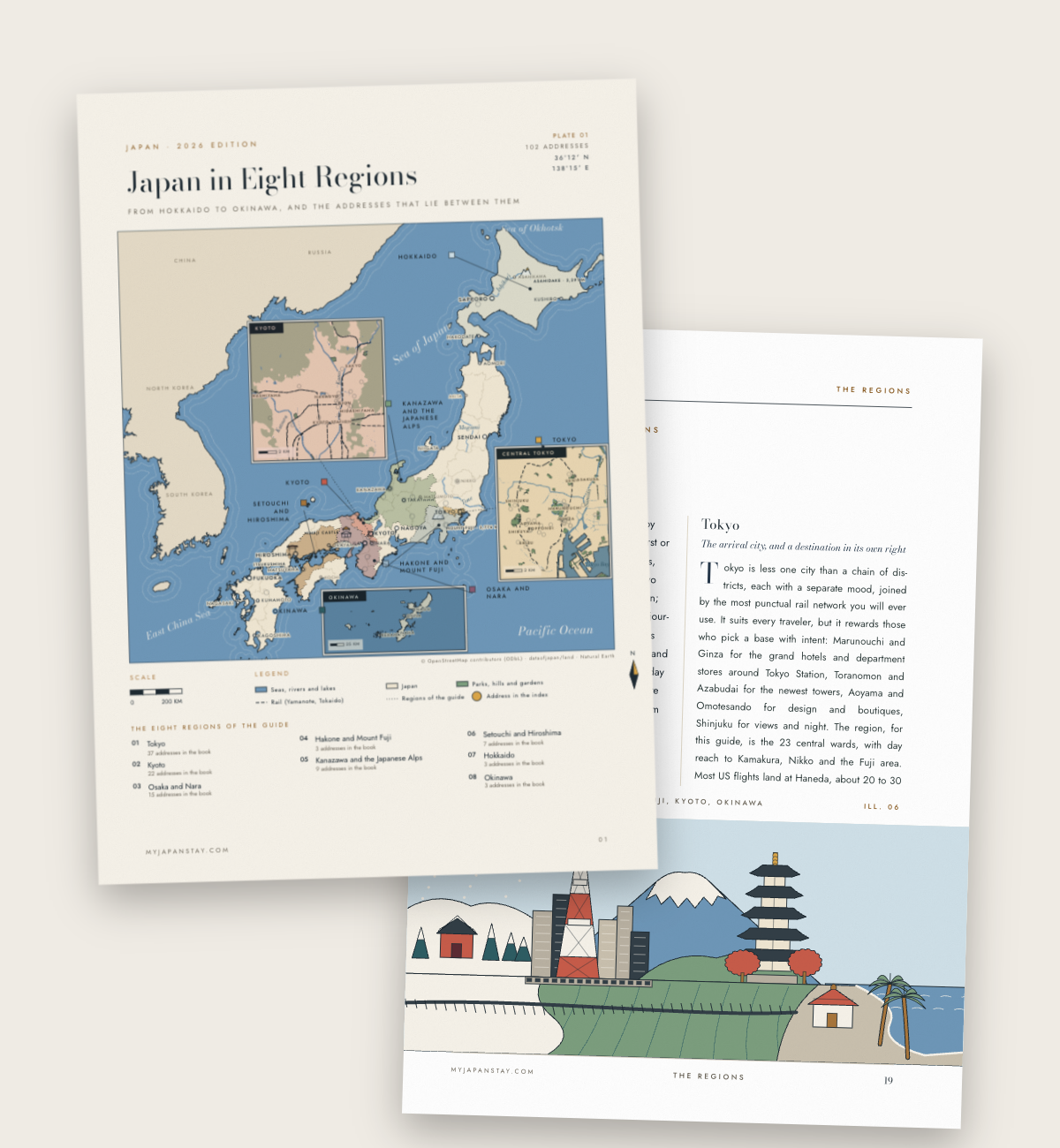 The map of Japan in eight regions, the first of the 22 maps of the guide